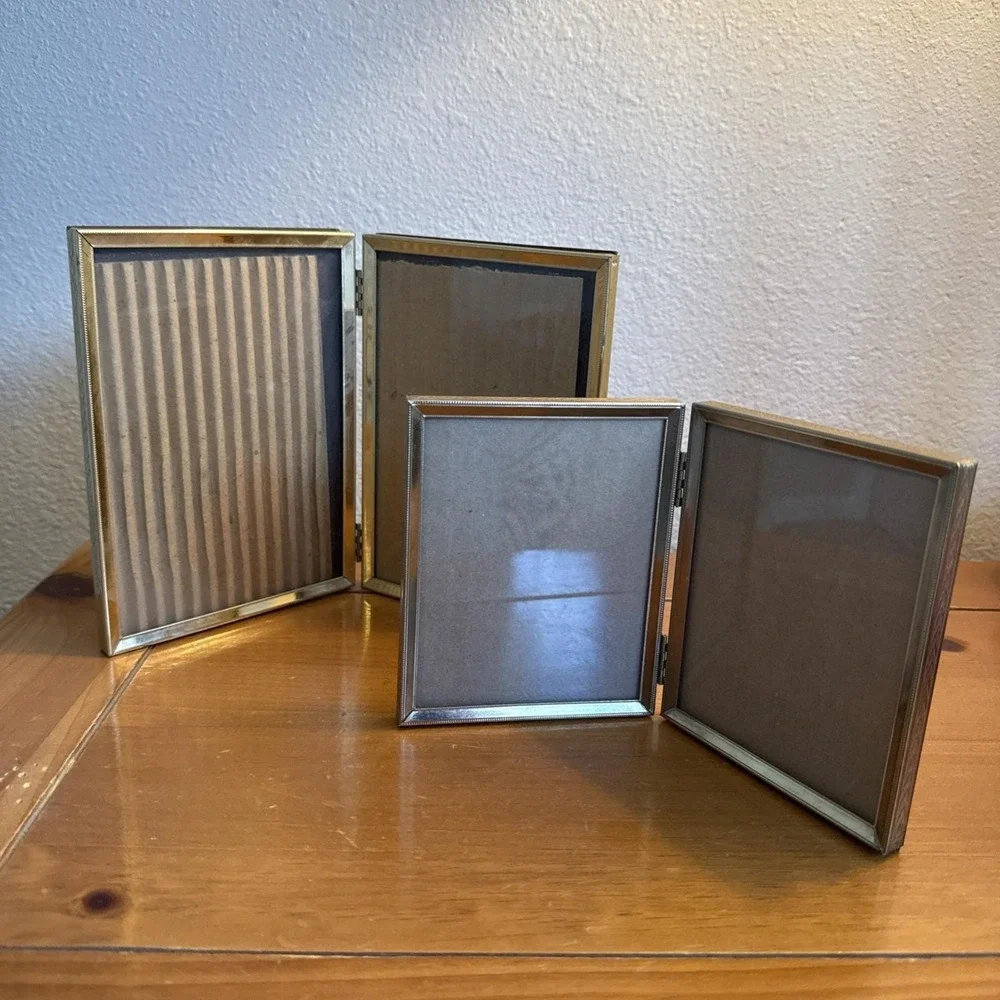 Vintage MCM Ornate Bi-Fold Metal Double Picture Photo Frames‎ 3x5 & 5x7